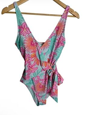 Pink & green tropical floral tie wrap one piece swimsuit size Small